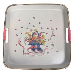 Vintage Square Toleware Tray Floral Design Pink Handles Retro Decor